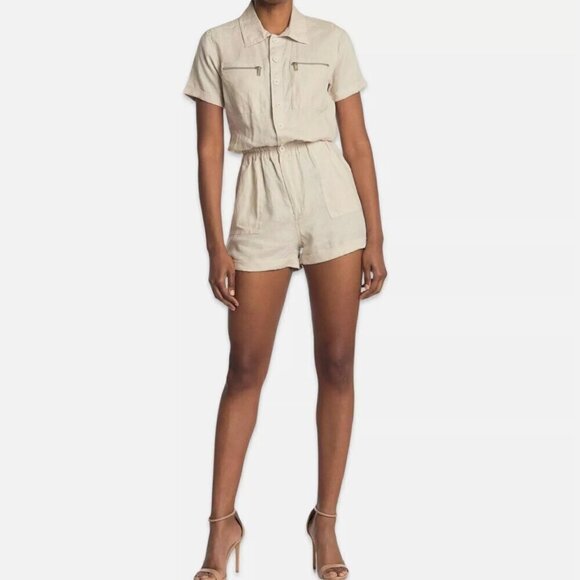 NEW Blank NYC Frappe Linen Utility Romper Button Front in Beige Women's XS - Picture 1 of 8